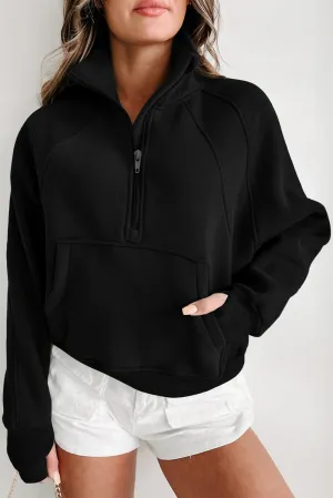 Black Green Zip Up Stand Collar Ribbed Thumbhole Sleeve Sweatshirt