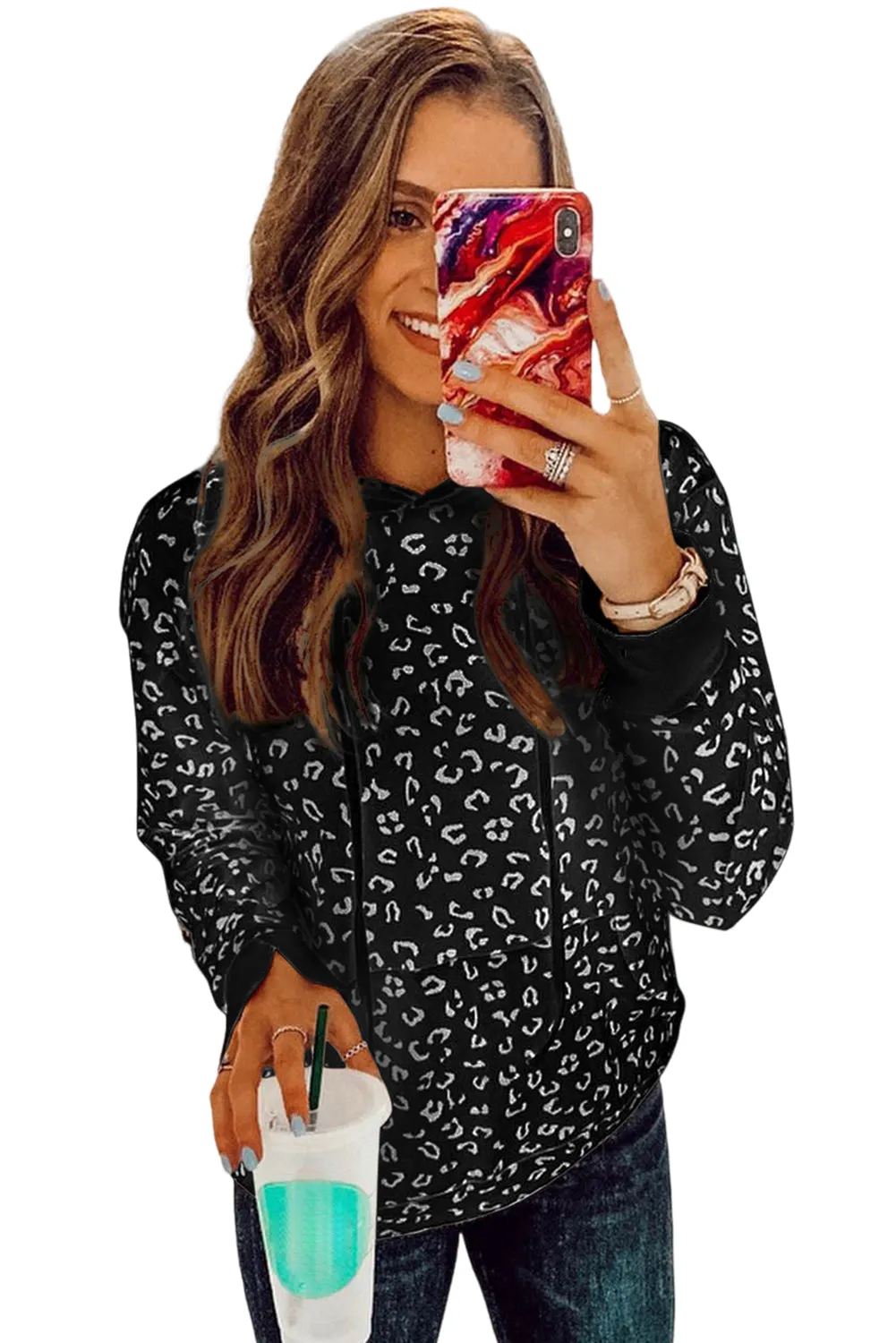 Black Kangaroo Pocket Long Sleeve Drawstring Hoodie