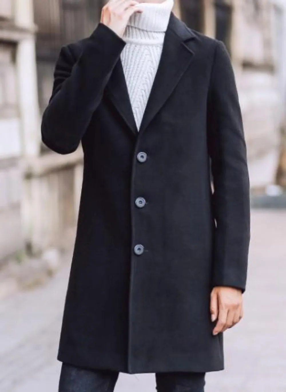 Black Mid-Length Slim Fit Men's Overcoat