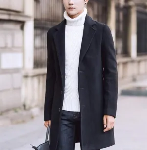 Black Mid-Length Slim Fit Men's Overcoat