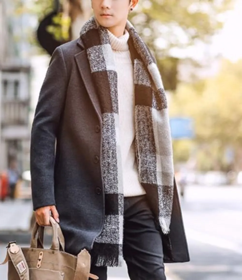 Black Mid-Length Slim Fit Men's Overcoat