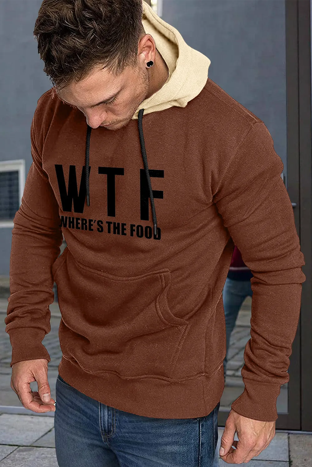 Brown Men's Letter Print Pocketed Slim-fit Long Sleeve Hoodie