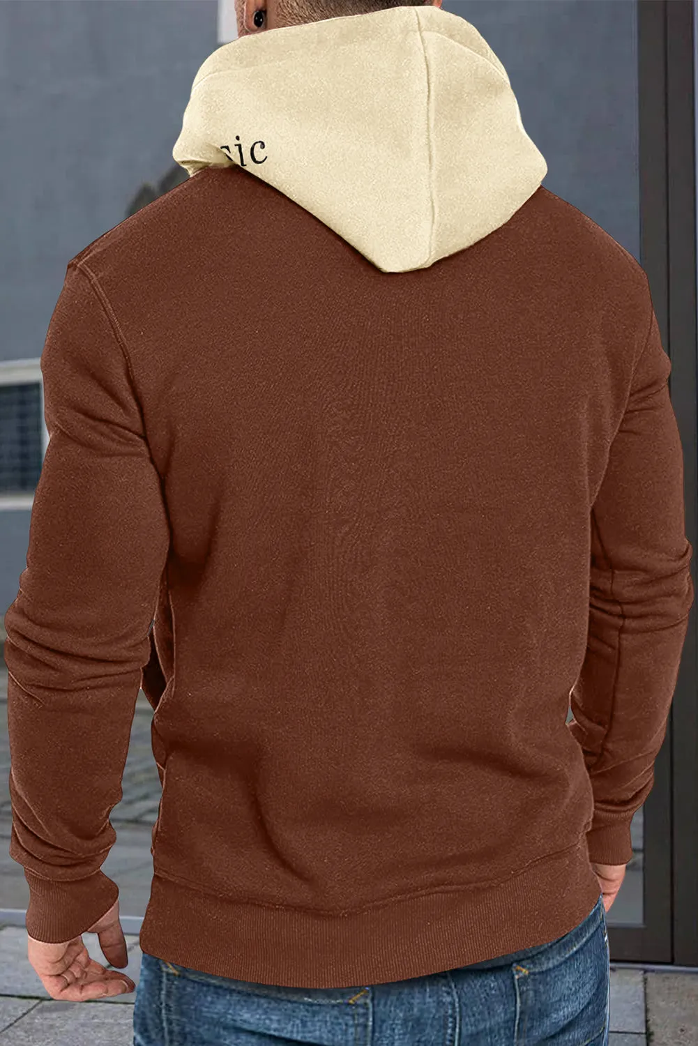 Brown Men's Letter Print Pocketed Slim-fit Long Sleeve Hoodie