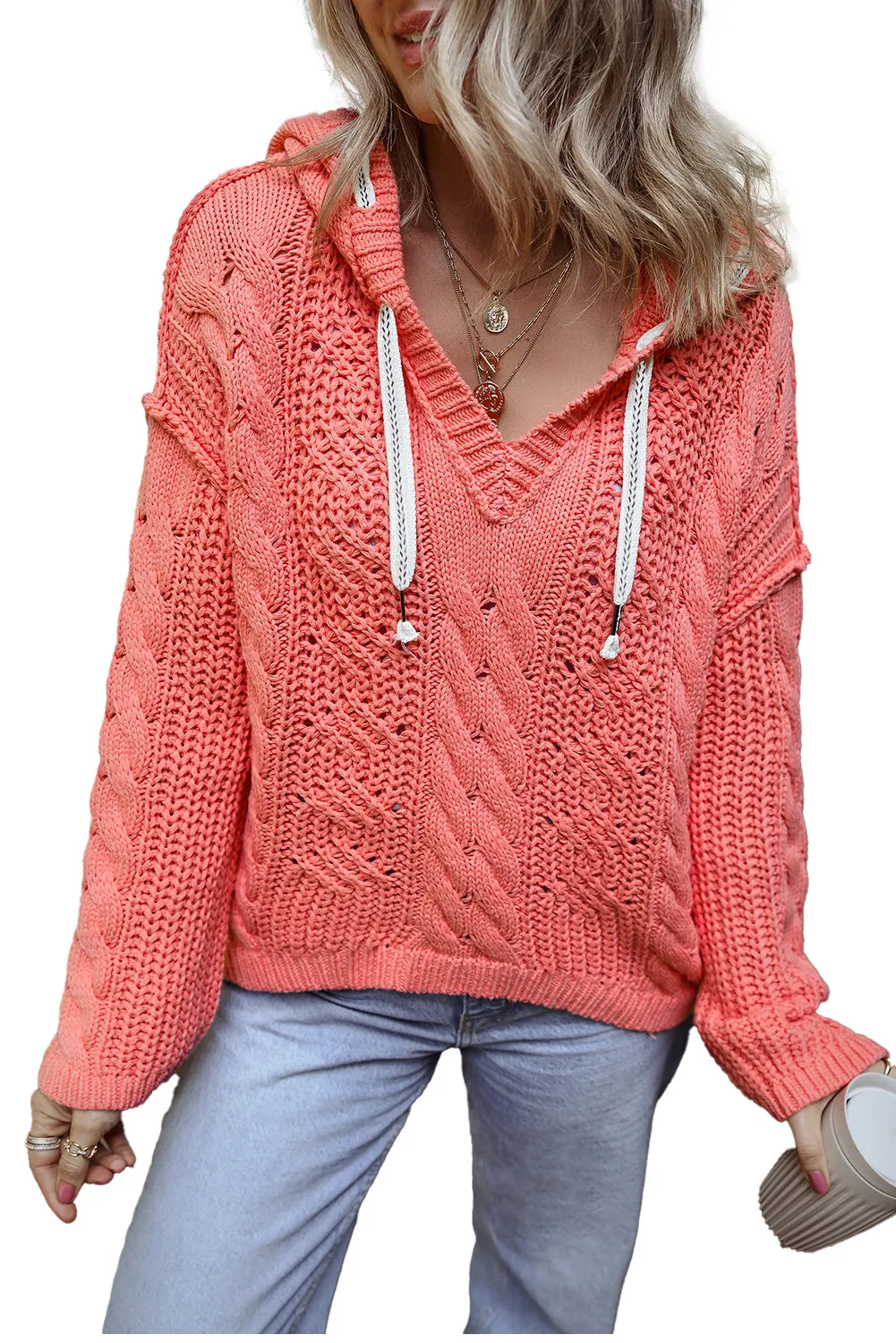 Cable Knit Contrast Hooded Sweater