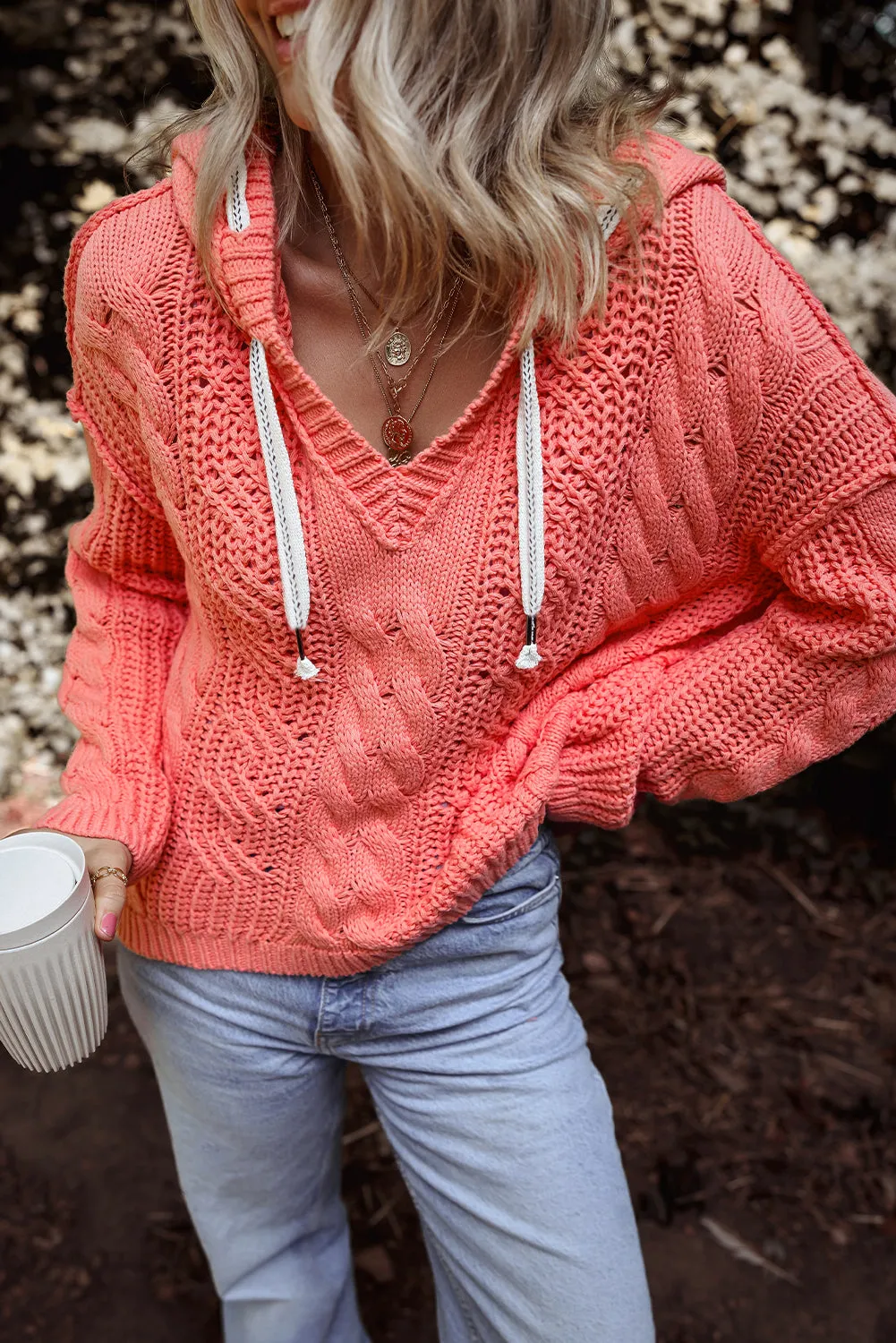 Cable Knit Contrast Hooded Sweater