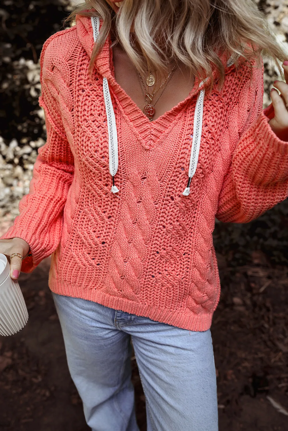 Cable Knit Contrast Hooded Sweater