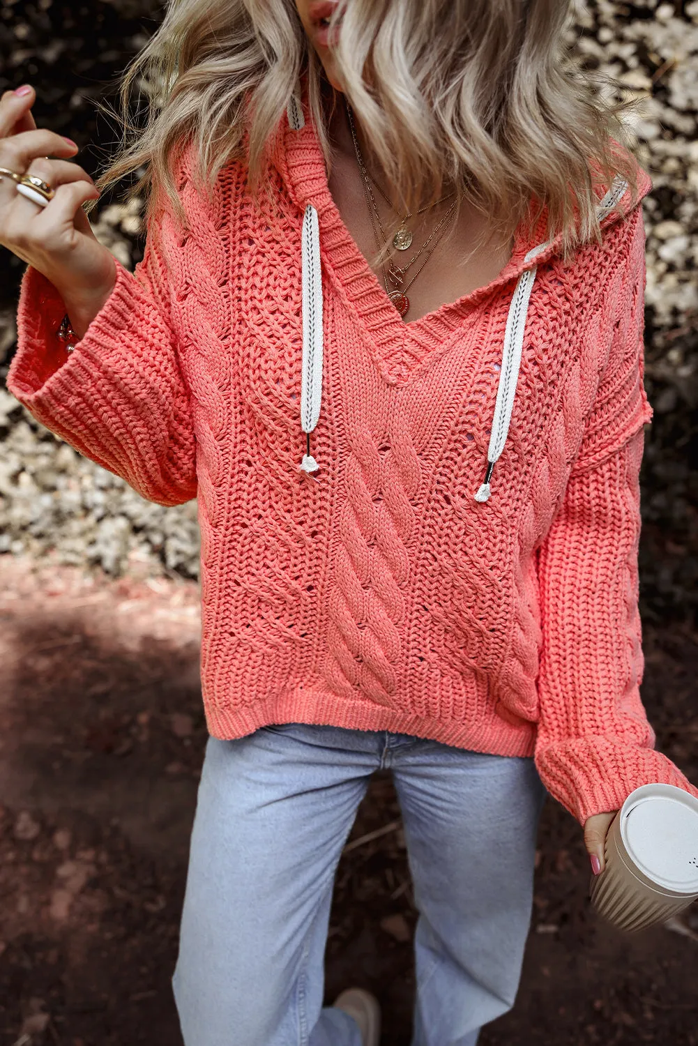 Cable Knit Contrast Hooded Sweater