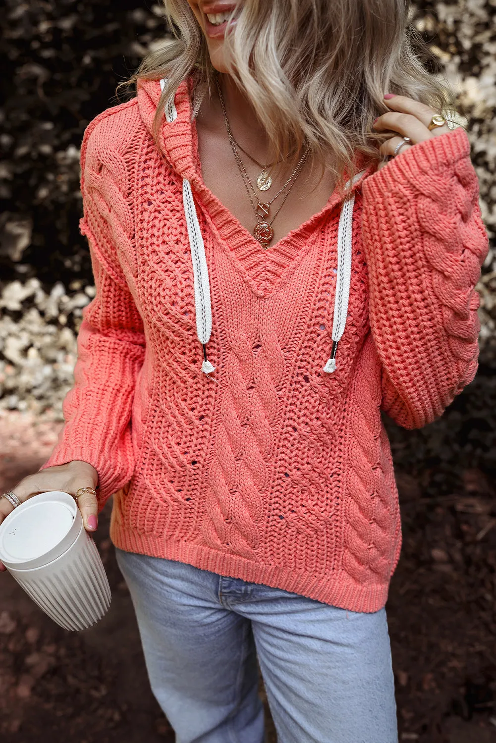 Cable Knit Contrast Hooded Sweater