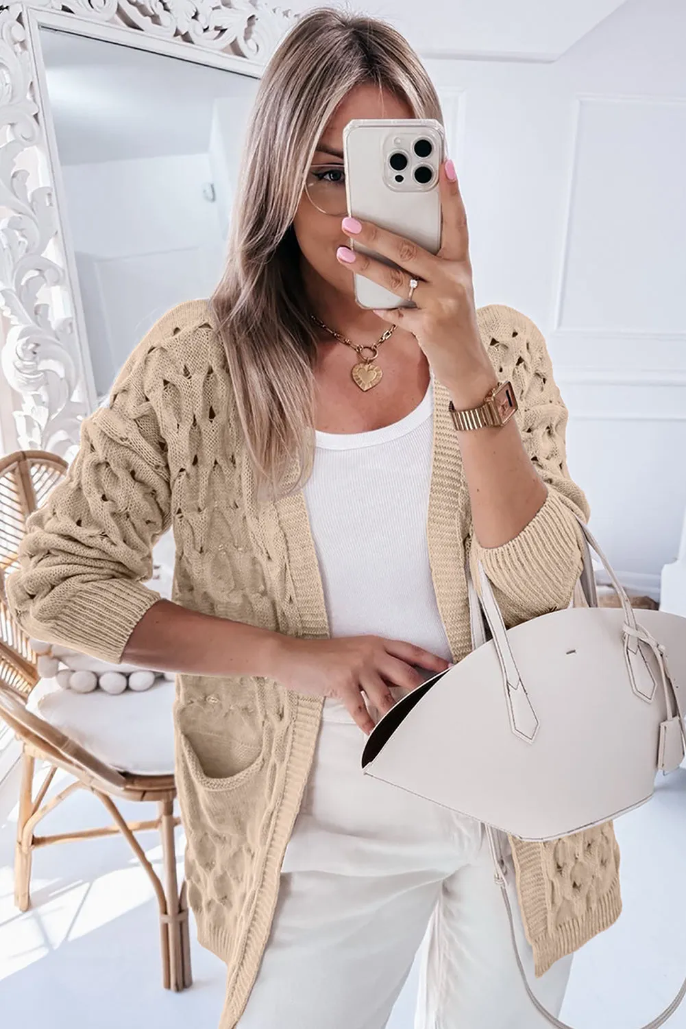 Cable Knit Eyelet Side Pockets Baggy Cardigan