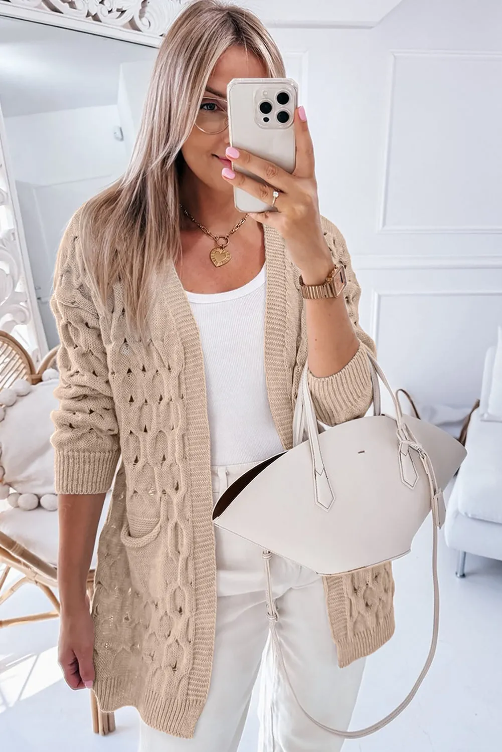 Cable Knit Eyelet Side Pockets Baggy Cardigan