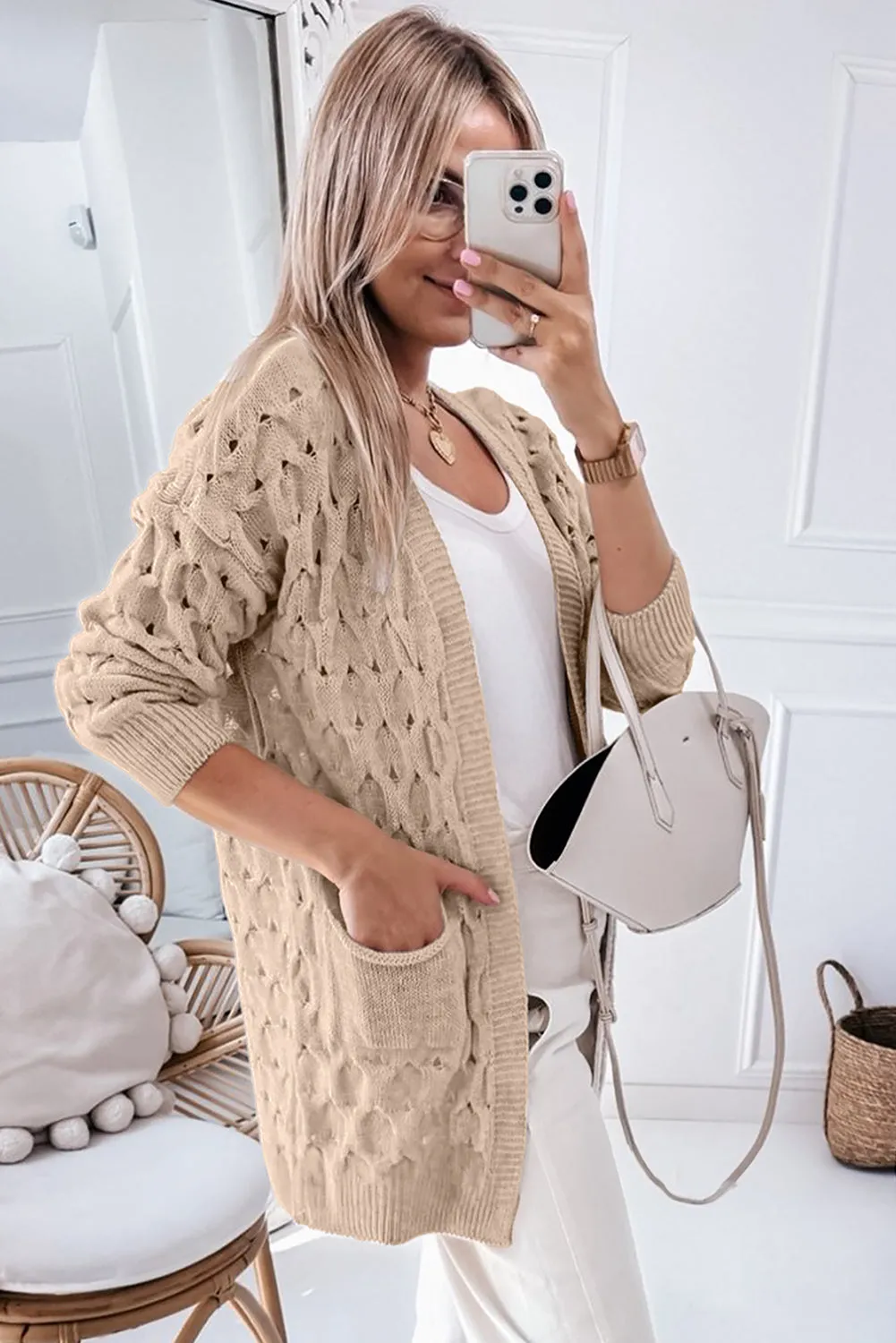 Cable Knit Eyelet Side Pockets Baggy Cardigan