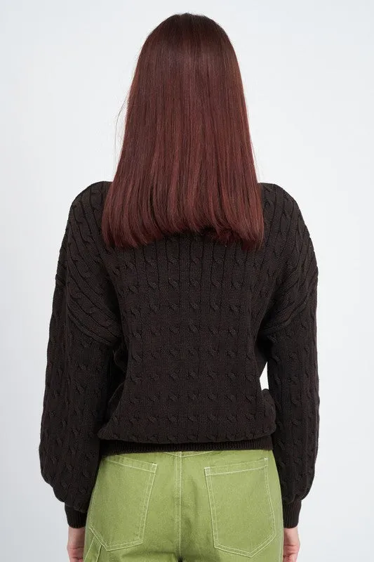 CABLE KNIT TOP WITH BUBBLE SLEEVES
