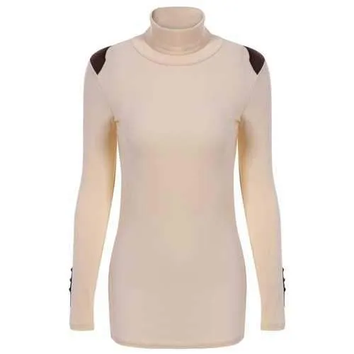 Casual Style Turtle Neck Solid Color Bead Splicing Long Sleeve Sweater For Women - Light Apricot One Size