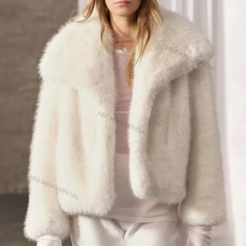 Chic Snow  Street Winter Fox Girls Complete catalog Faux White Women Mountain Fur Fur Fashion Furry Coat Collar Fluffy Hot Global delivery Jacket