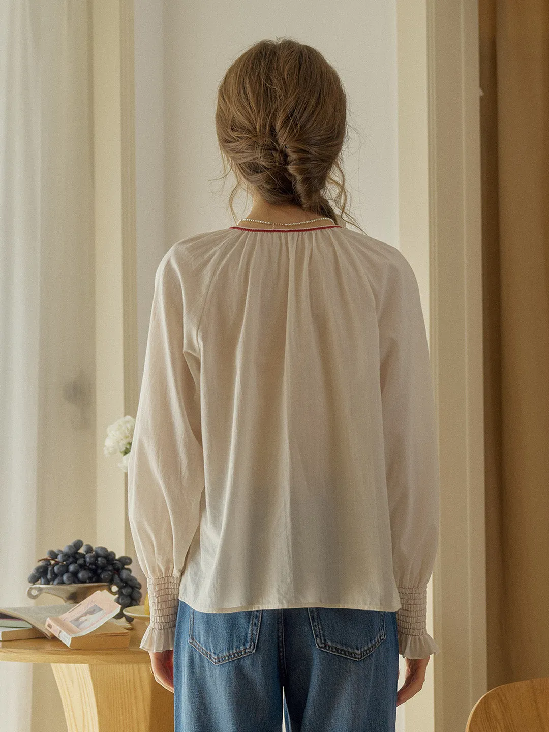 Chloris Round Neck Rose Embroidered Blouse