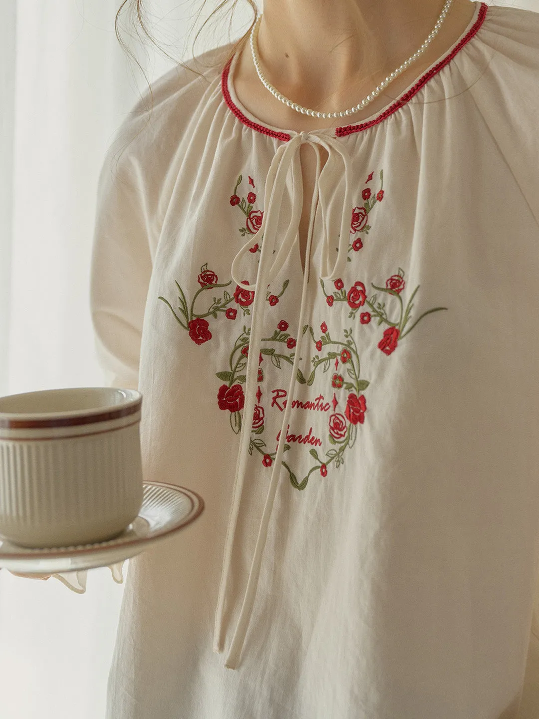 Chloris Round Neck Rose Embroidered Blouse