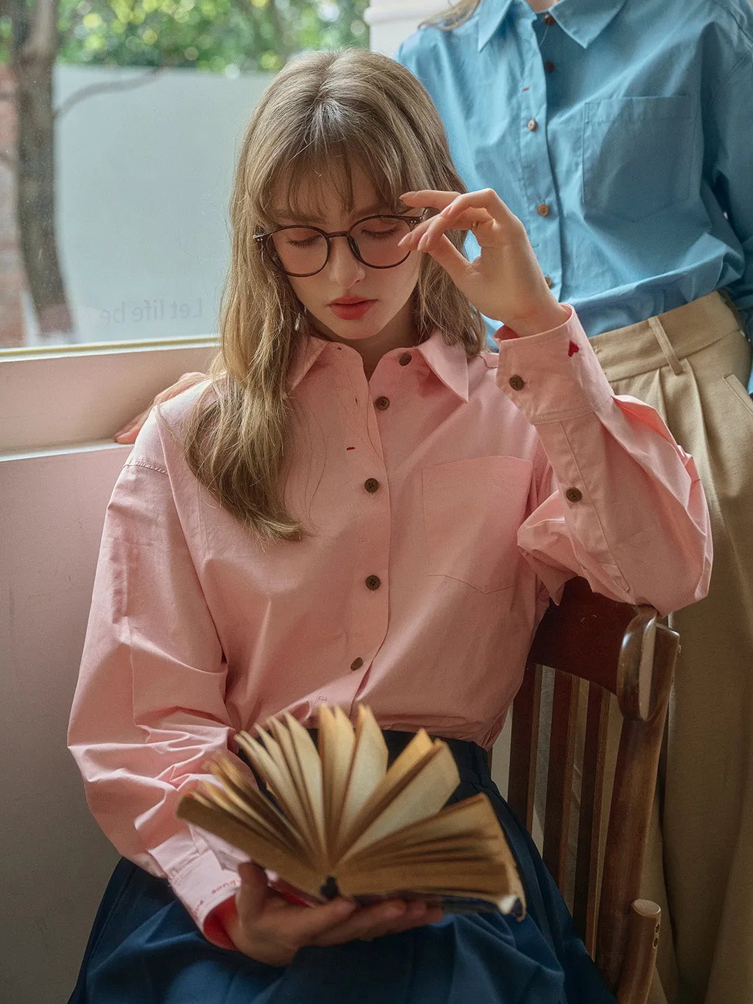 Claire Simple Lapel Pocket Blouse - Blue