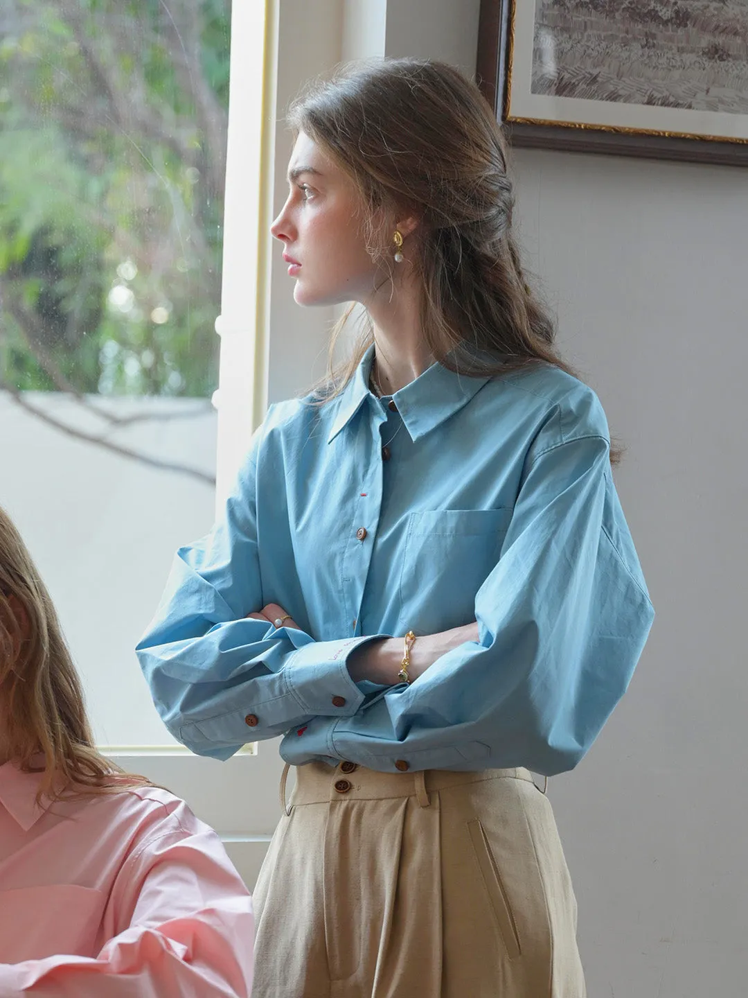 Claire Simple Lapel Pocket Blouse - Blue