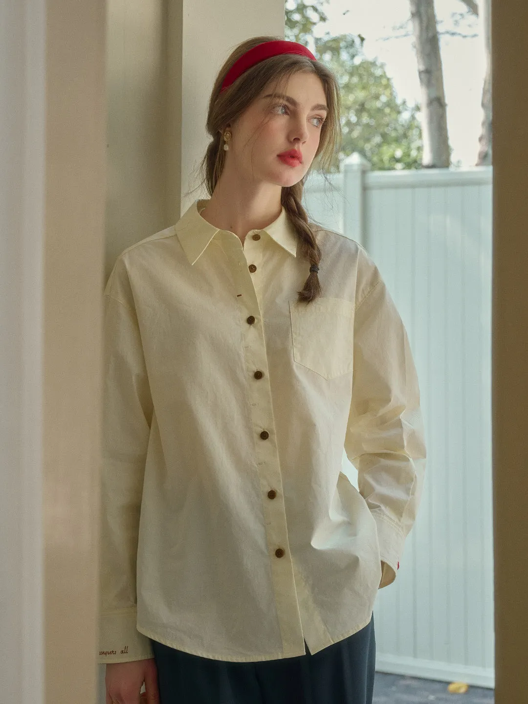 Claire Simple Lapel Pocket Blouse - Blue
