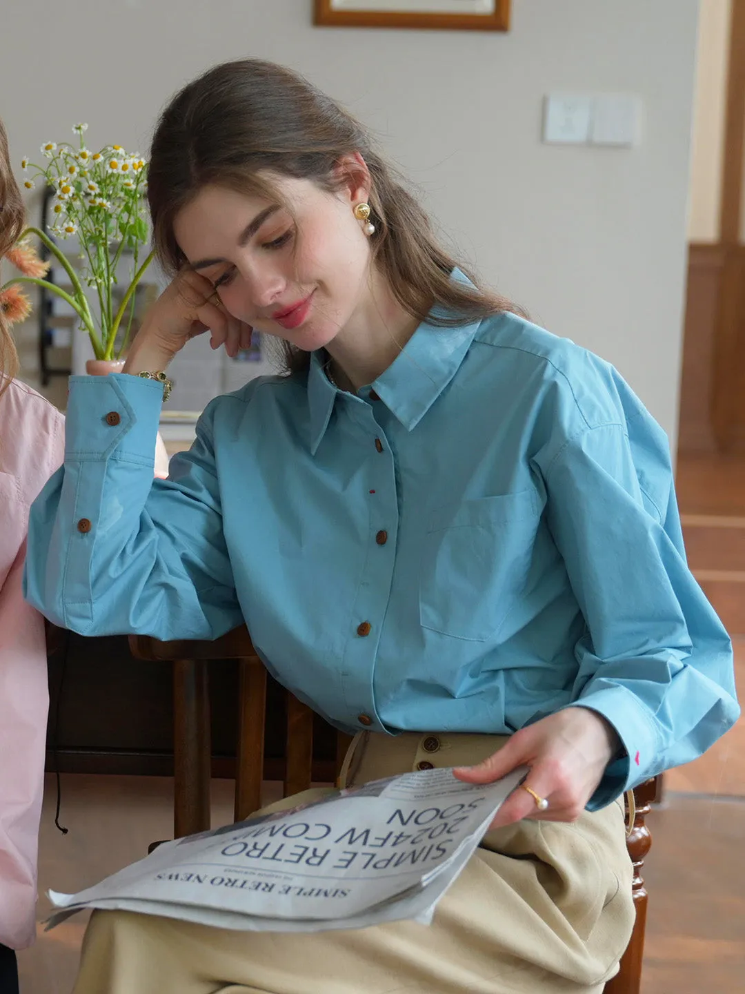 Claire Simple Lapel Pocket Blouse - Blue