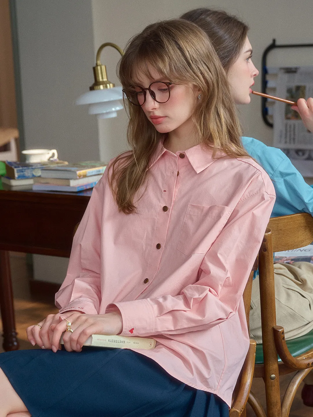 Claire Simple Lapel Pocket Blouse - Blue
