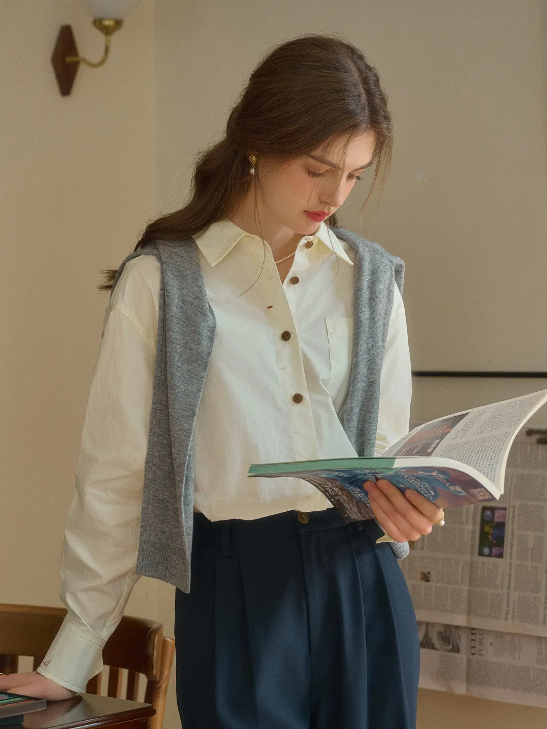 Claire Simple Lapel Pocket Blouse - Blue