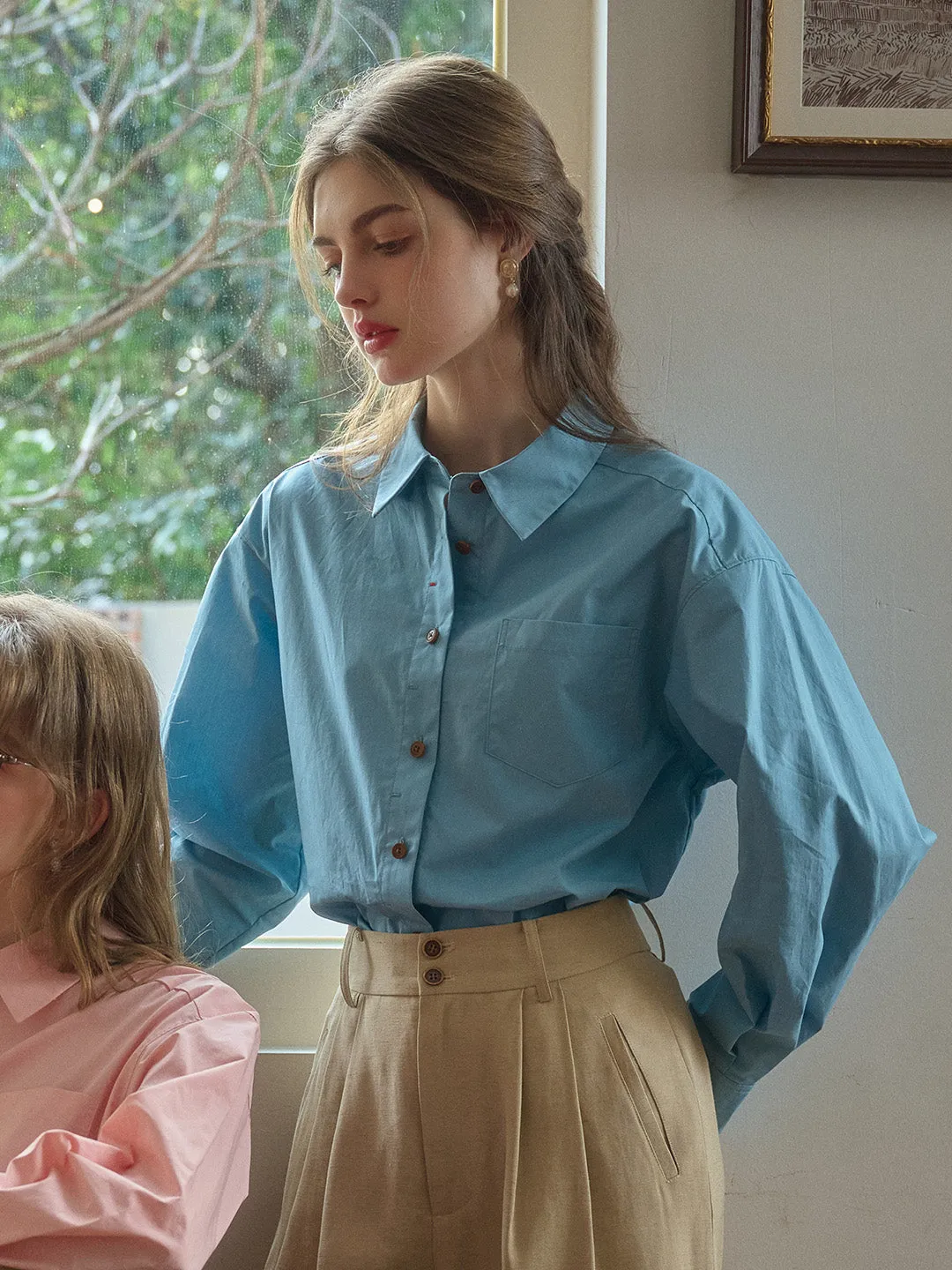 Claire Simple Lapel Pocket Blouse - Blue