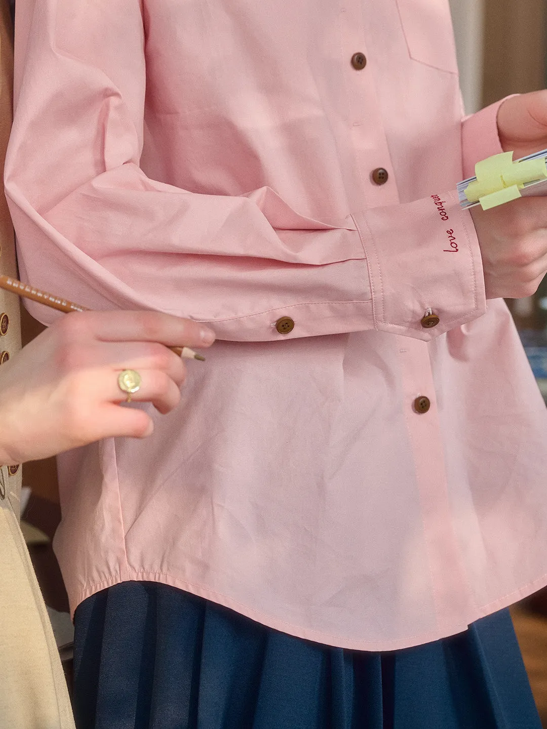 Claire Simple Lapel Pocket Blouse - Blue