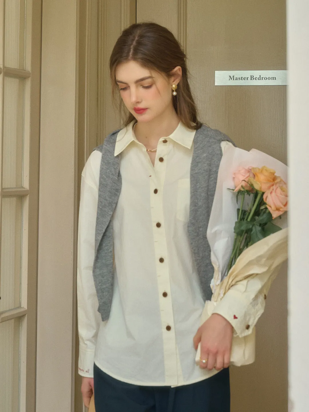 Claire Simple Lapel Pocket Blouse - Blue