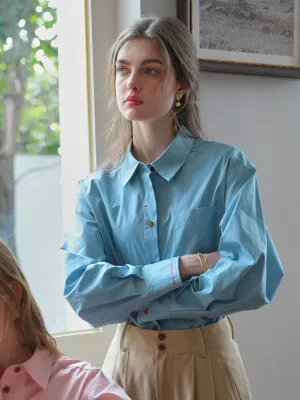 Claire Simple Lapel Pocket Blouse - Blue