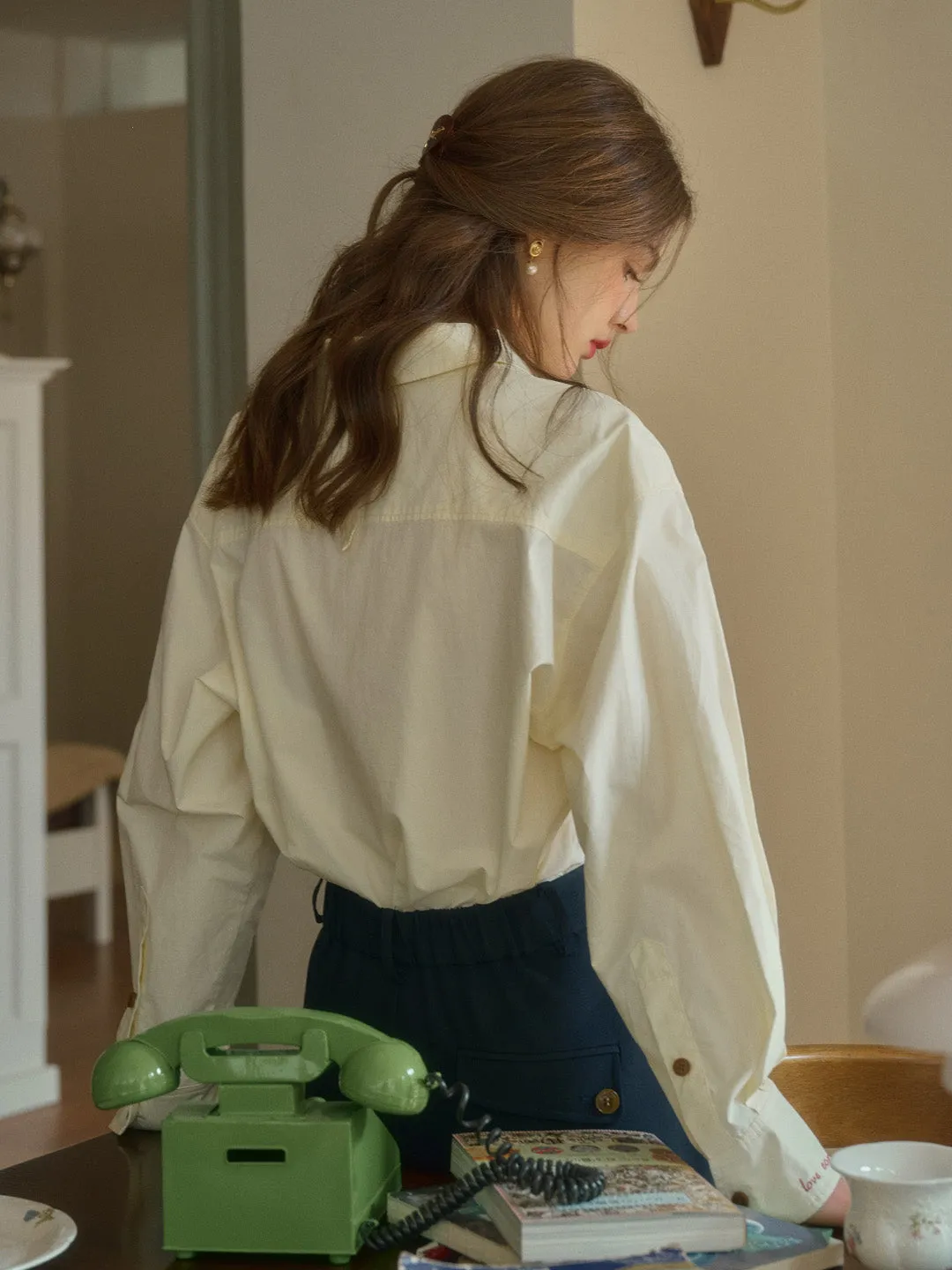 Claire Simple Lapel Pocket Blouse - Blue