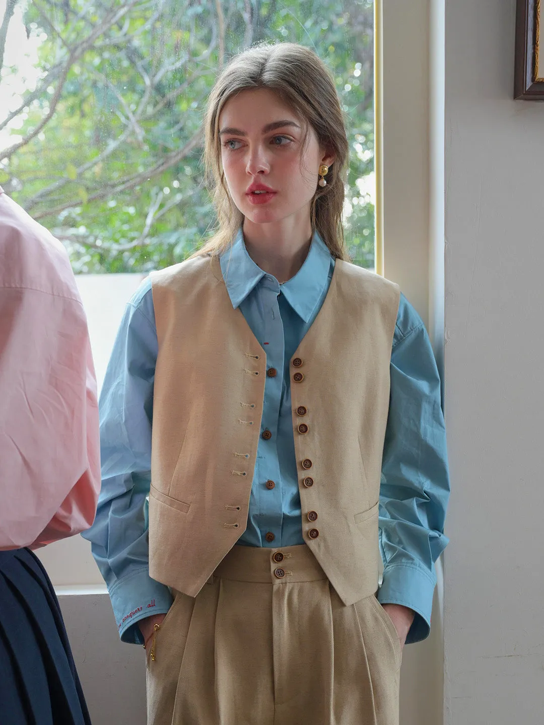 Claire Simple Lapel Pocket Blouse - Blue