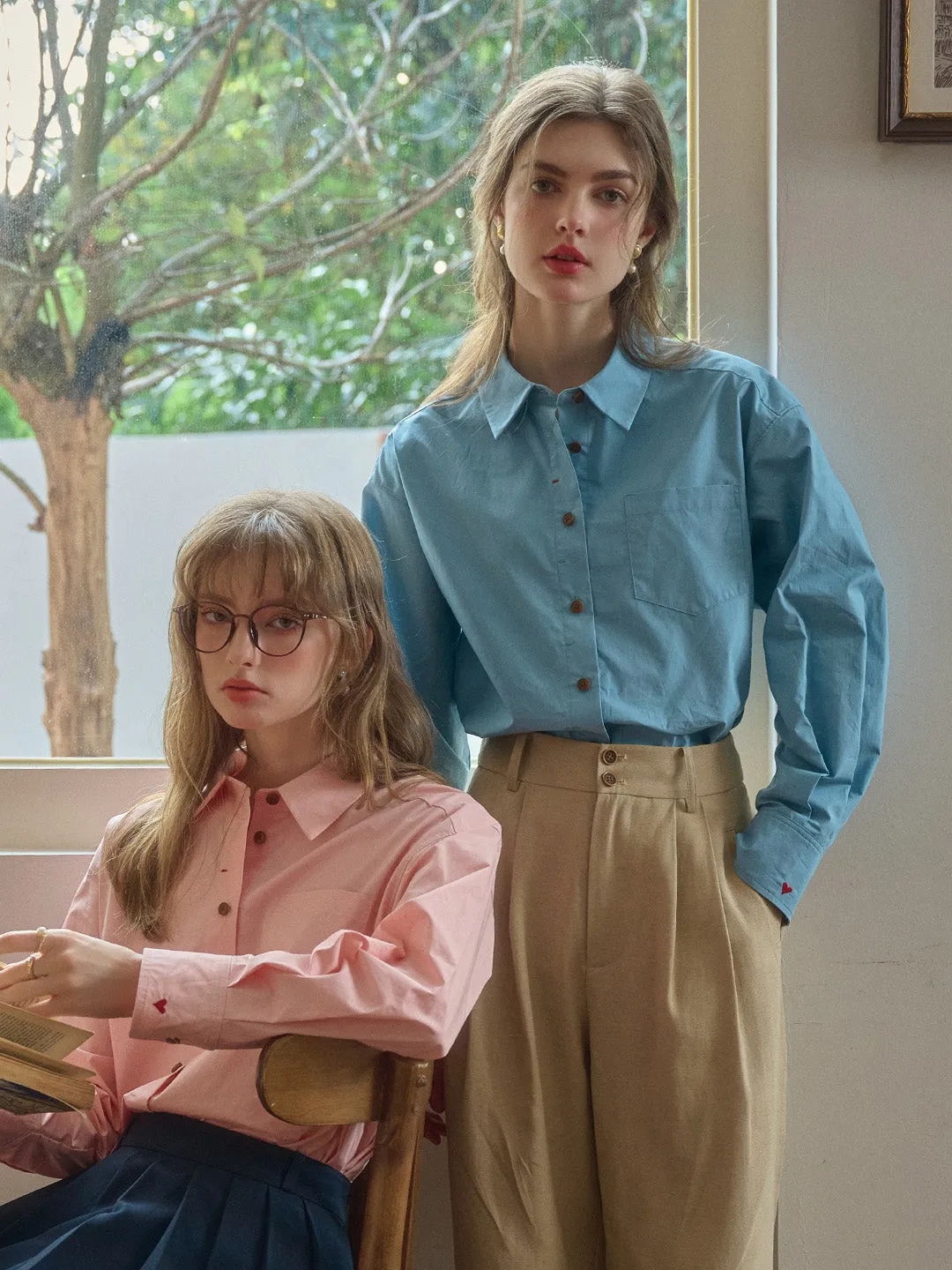 Claire Simple Lapel Pocket Blouse - Pink