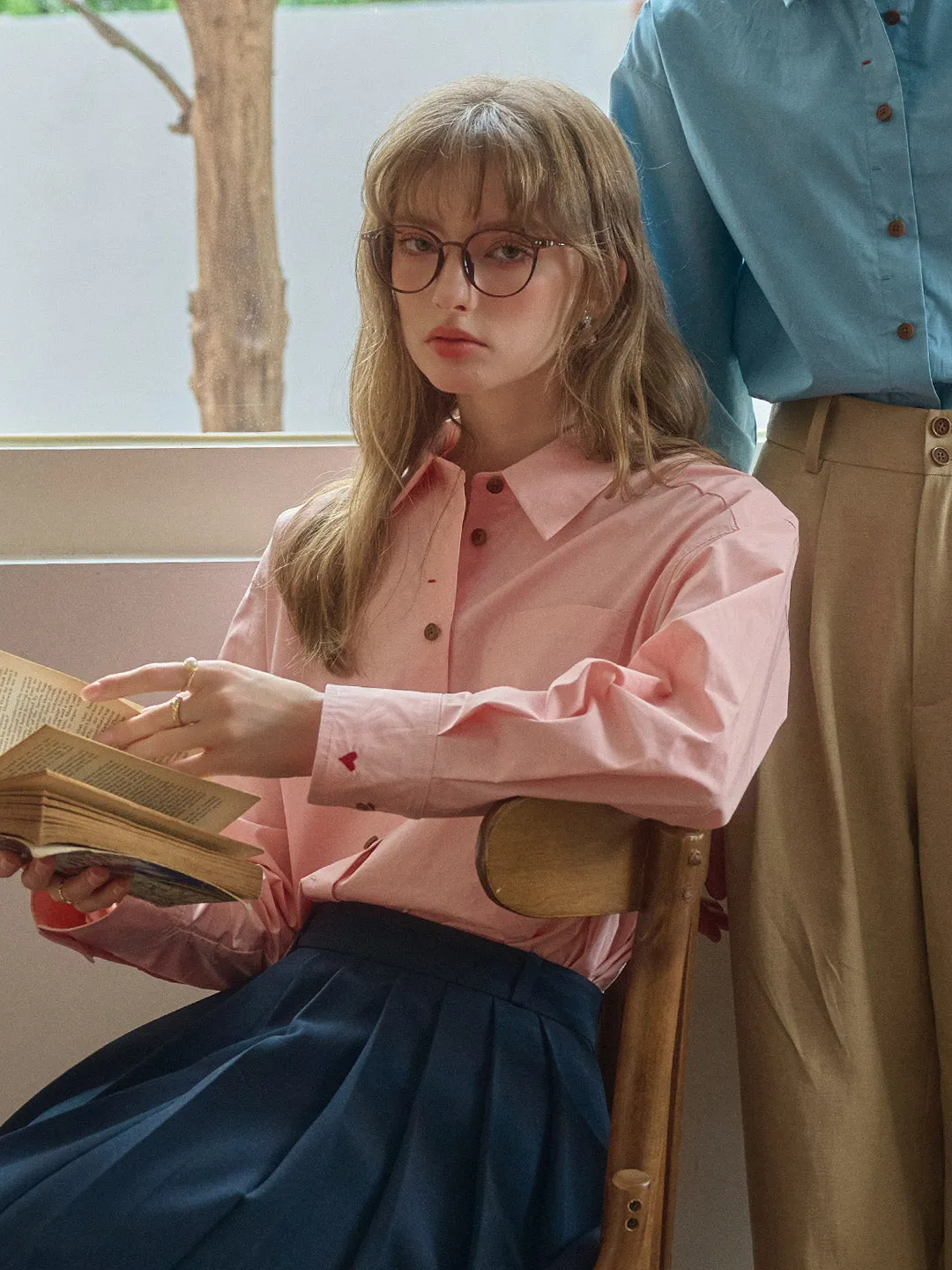 Claire Simple Lapel Pocket Blouse - Pink