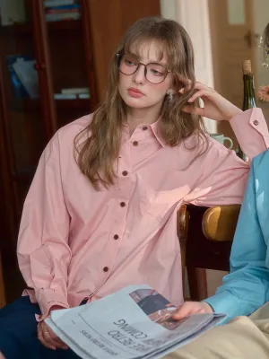 Claire Simple Lapel Pocket Blouse - Pink