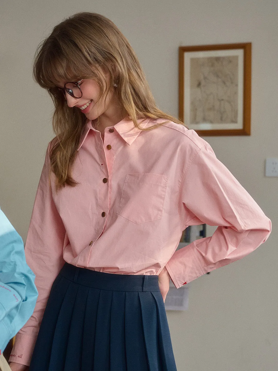 Claire Simple Lapel Pocket Blouse - Pink