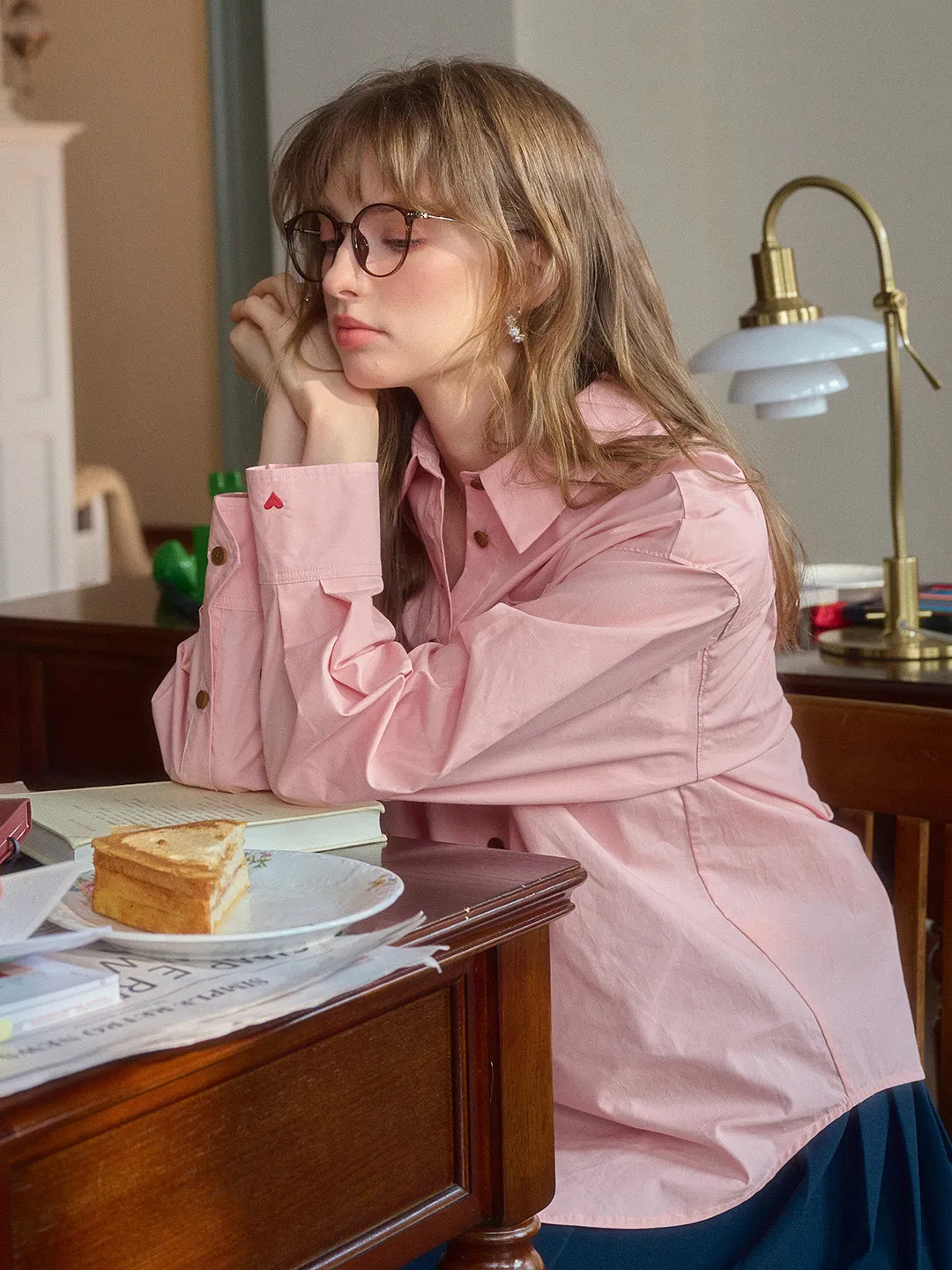 Claire Simple Lapel Pocket Blouse - Pink