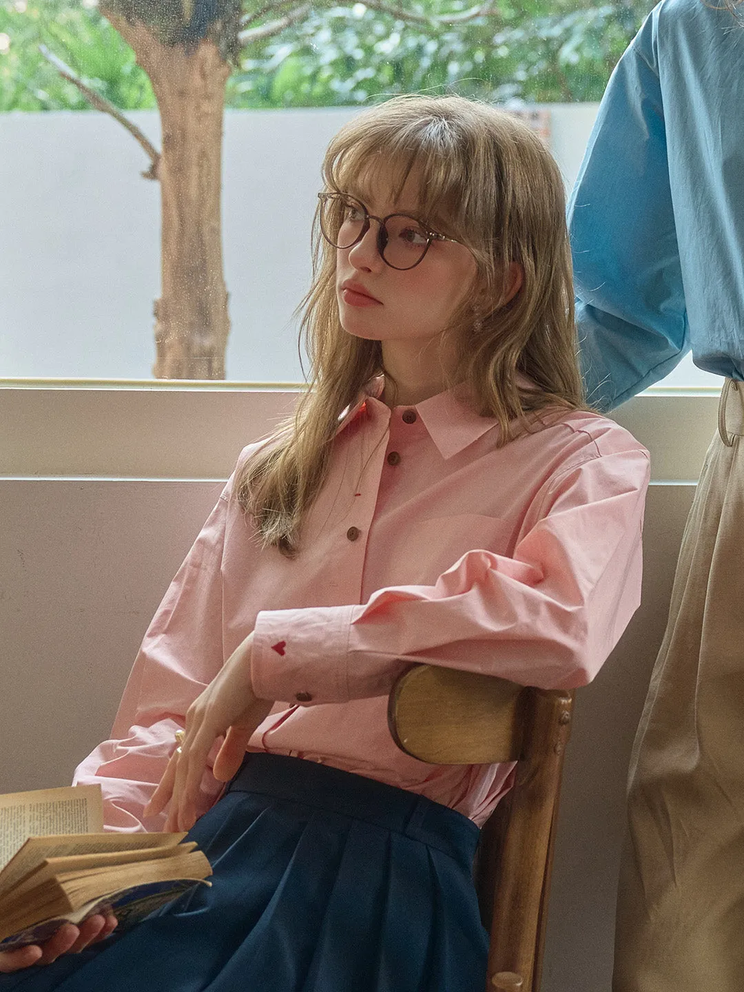 Claire Simple Lapel Pocket Blouse - Pink