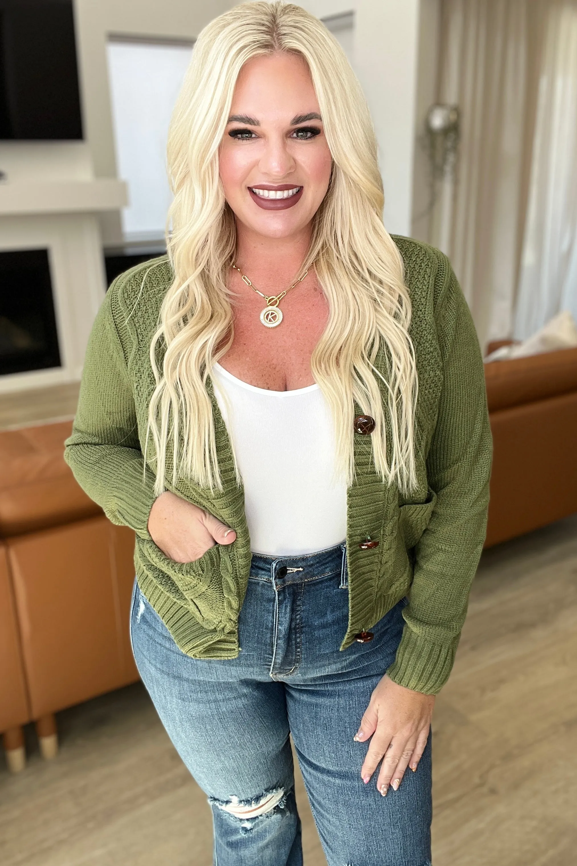 Climbing Vine Cable Knit Cardigan in Green