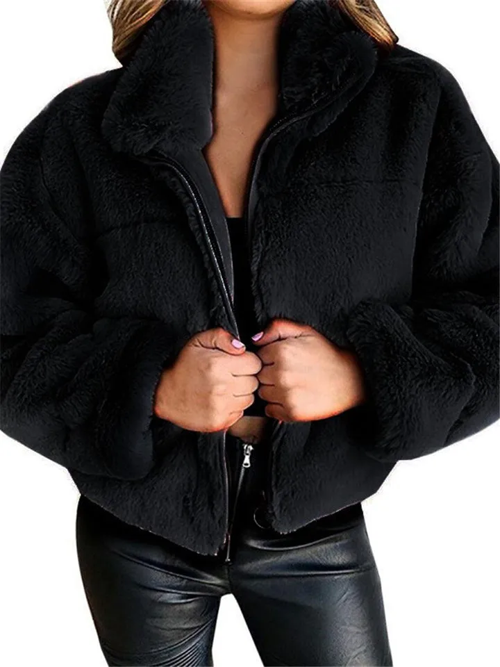 Comfortable Warm Full Zip Fastening Side Pocket Artificial Fur Cropped Coat