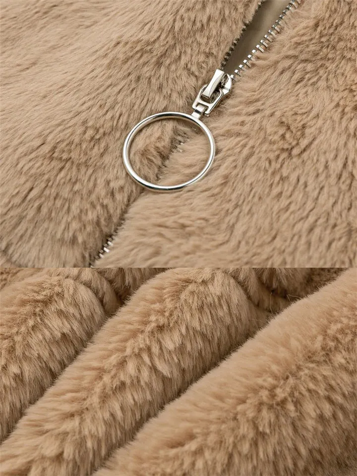 Comfortable Warm Full Zip Fastening Side Pocket Artificial Fur Cropped Coat