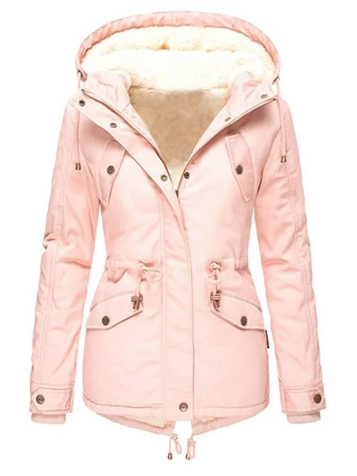 Cozy Fur Lining Full Zipper Waist Drawstring Pocket Hooded Coat
