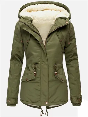 Cozy Fur Lining Full Zipper Waist Drawstring Pocket Hooded Coat