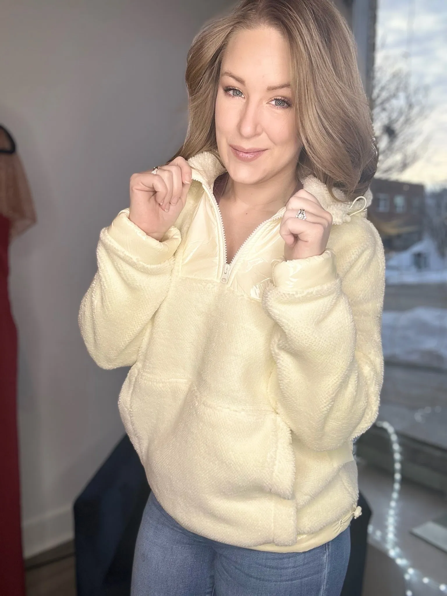 Cream Plush Half Zip Hoodie