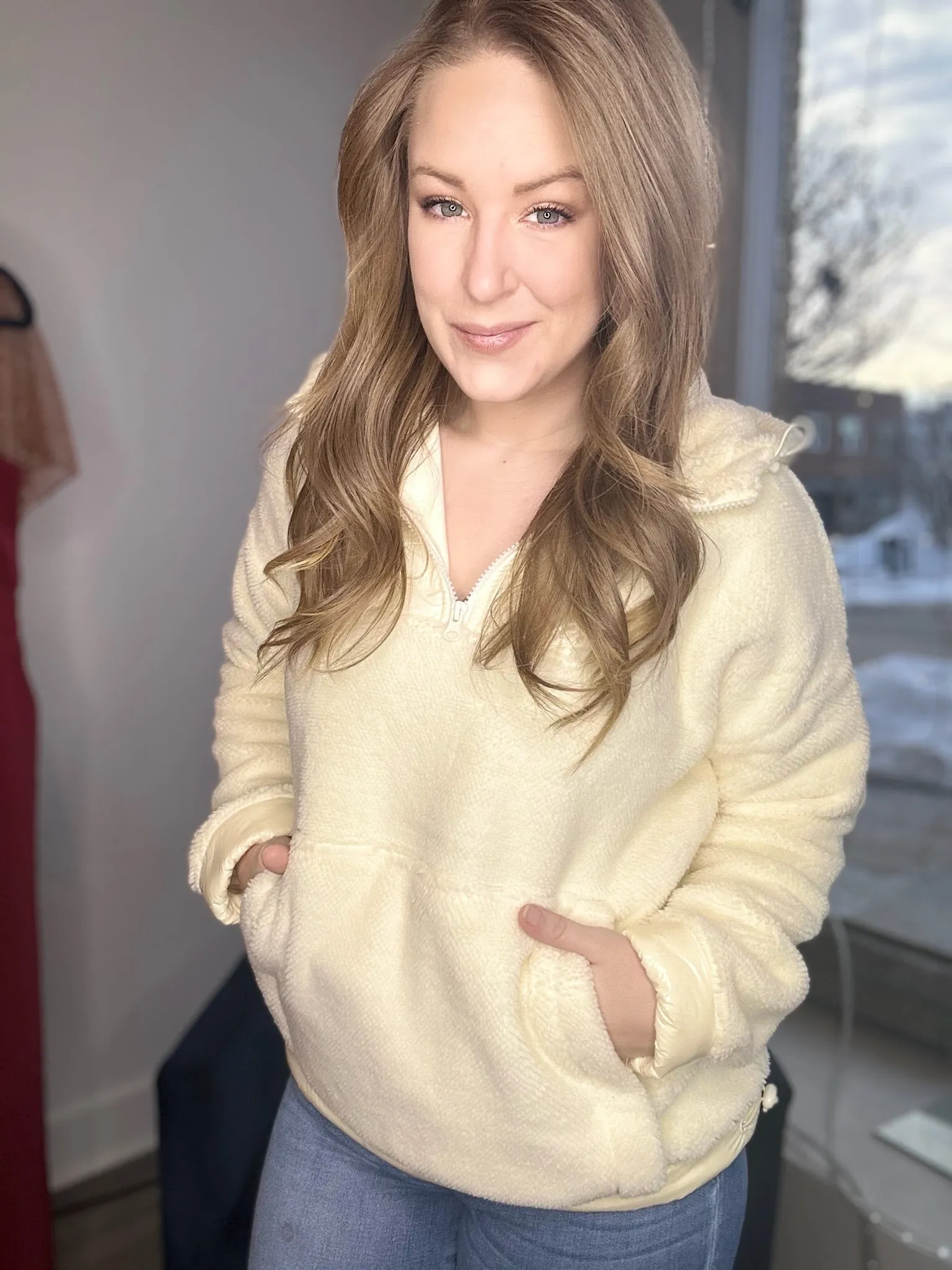 Cream Plush Half Zip Hoodie