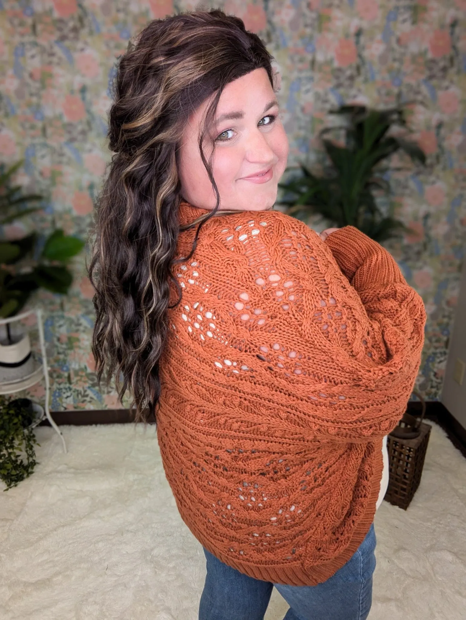 Dani Textured Dolman Sweater Cardigan in Rust