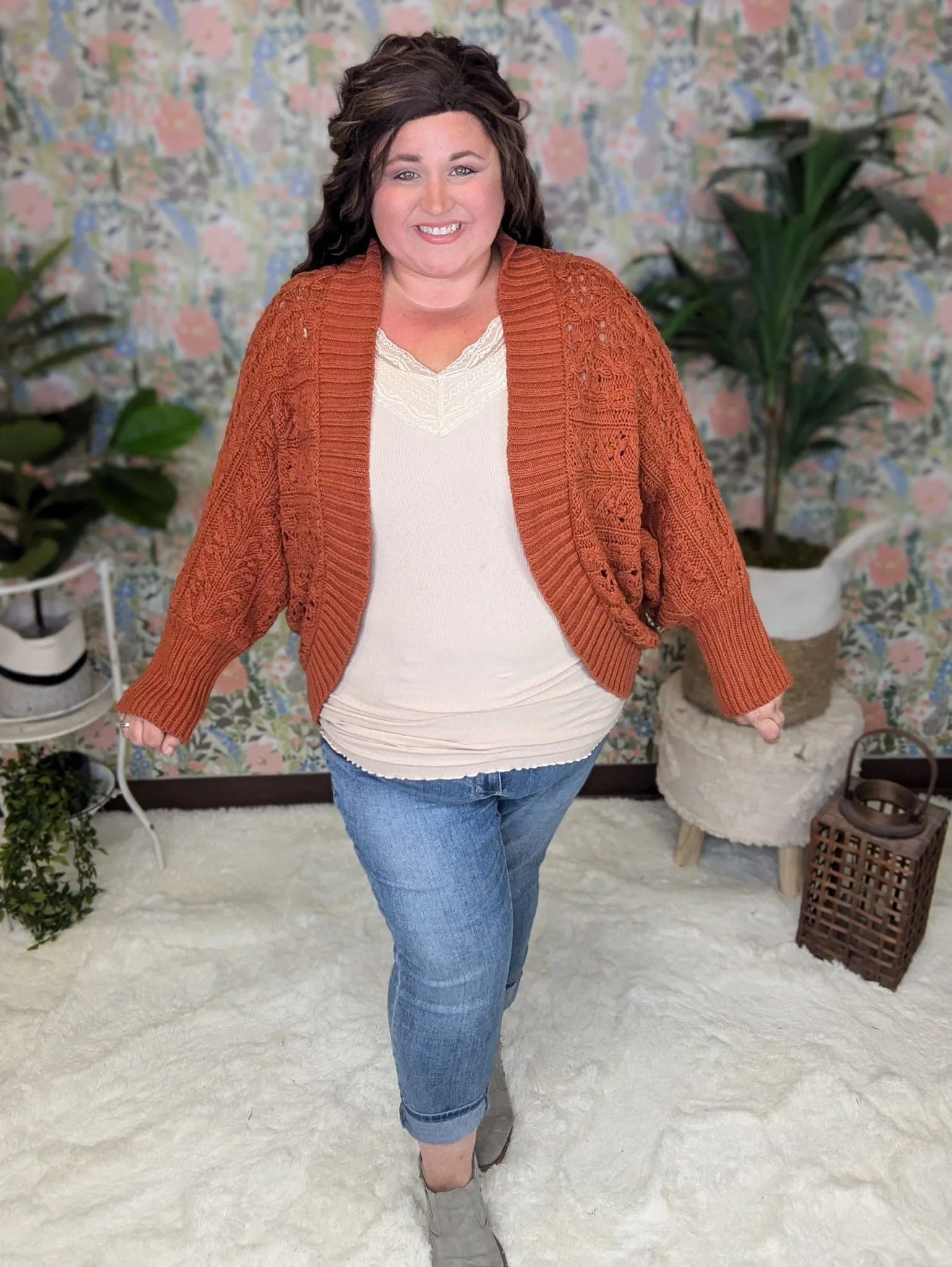 Dani Textured Dolman Sweater Cardigan in Rust