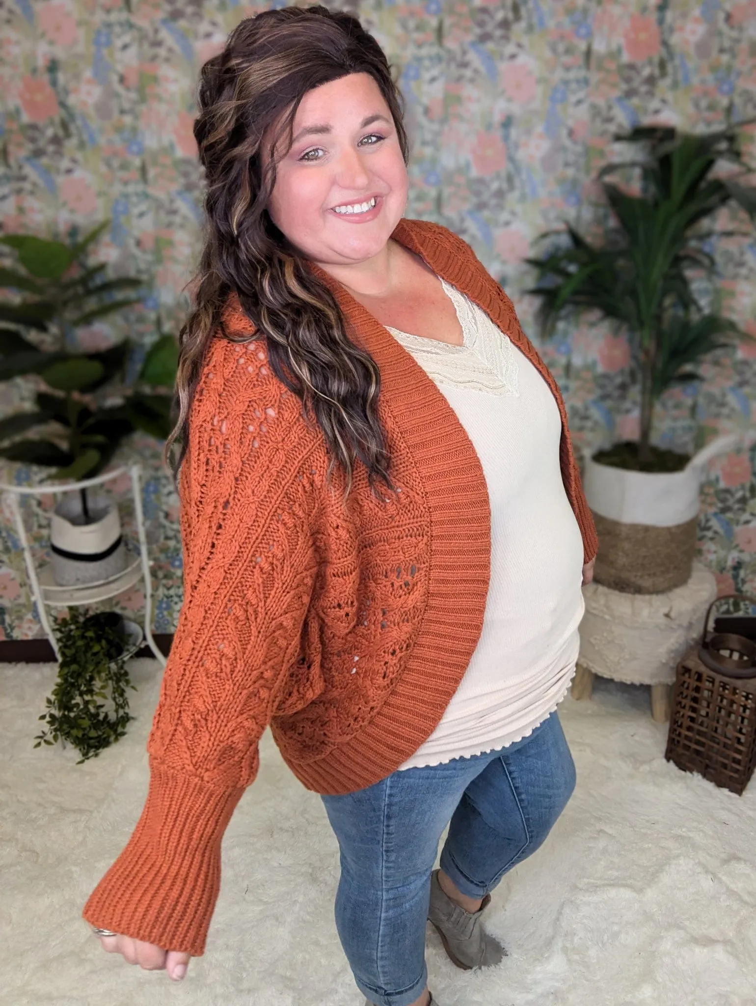 Dani Textured Dolman Sweater Cardigan in Rust