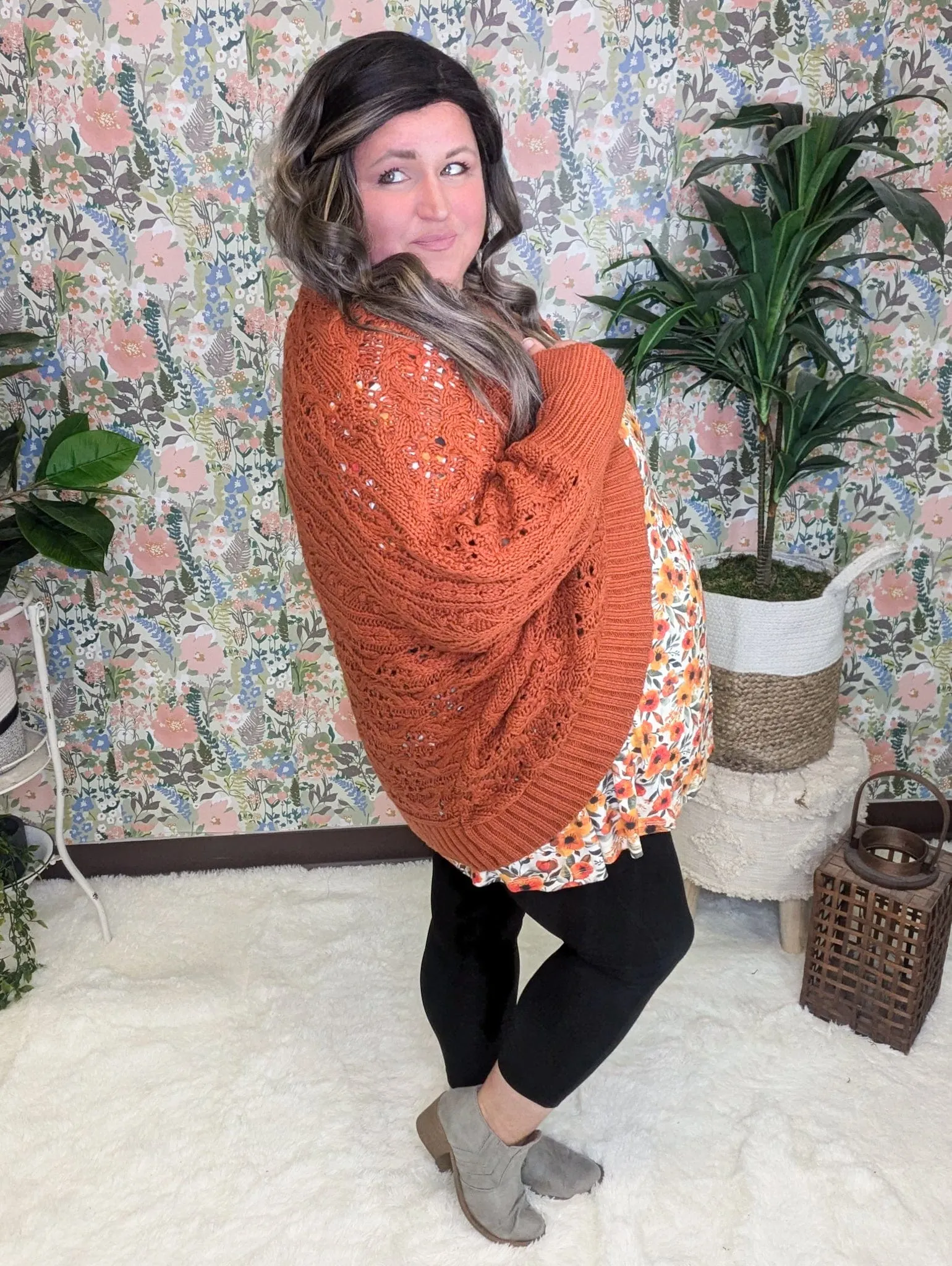 Dani Textured Dolman Sweater Cardigan in Rust