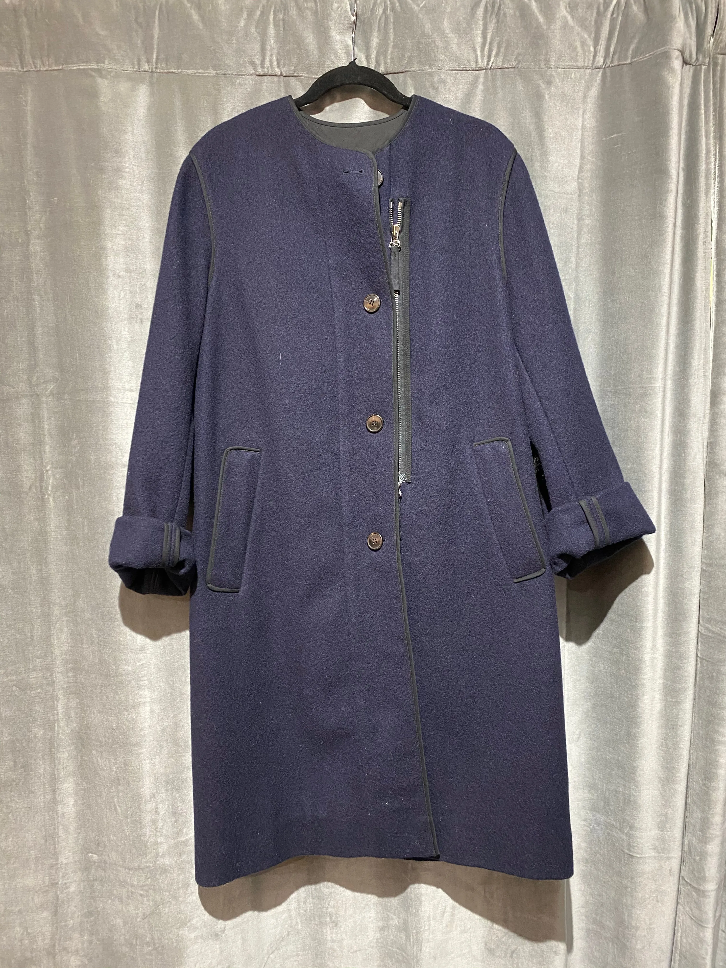 Dries Van Noten Navy Collarless Wool  Front Hidden Zip Pocket Button Coat